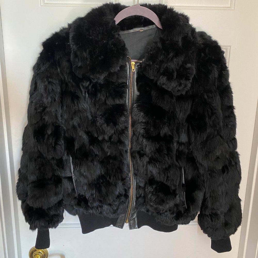 Black Rabbit Fur Bomber Jacket